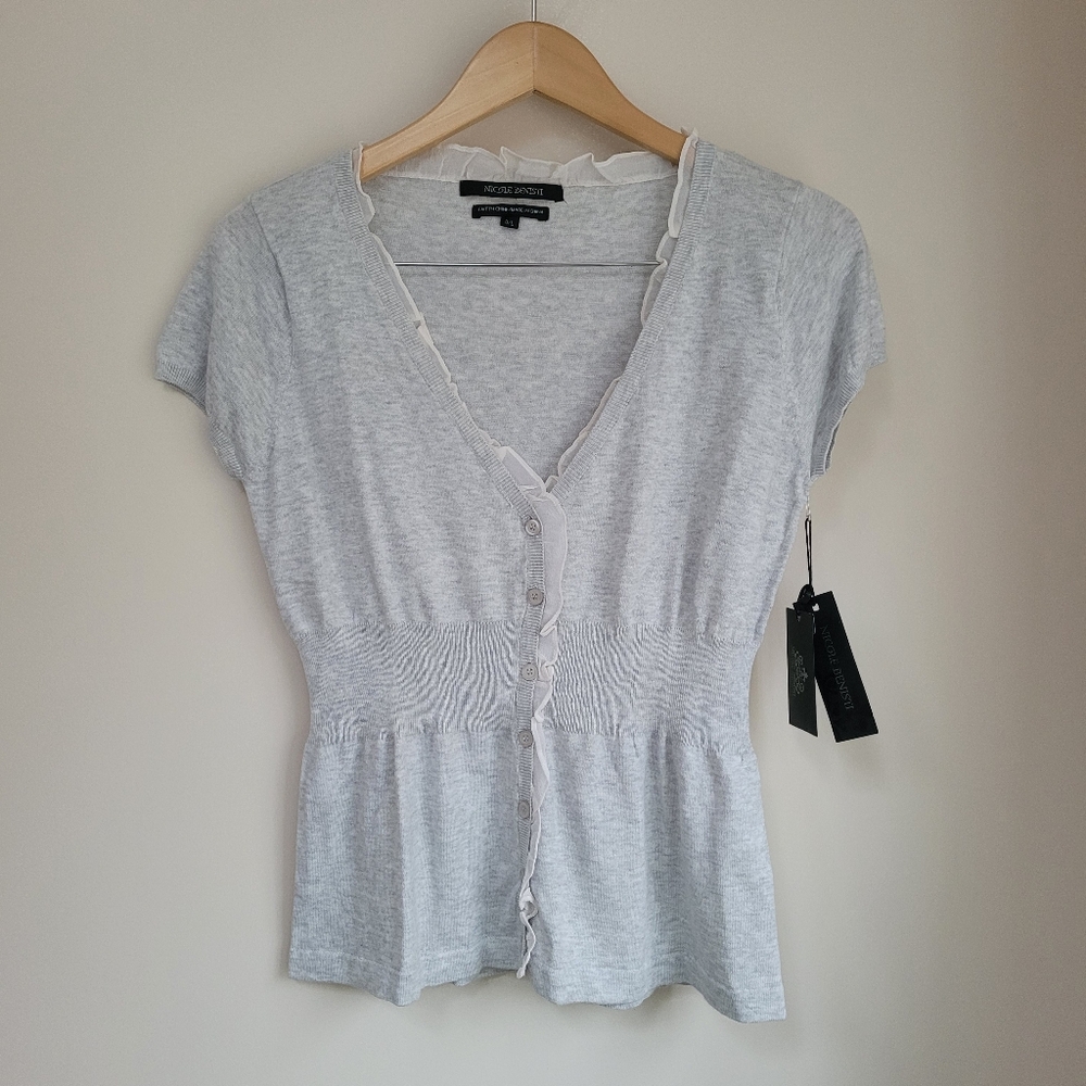 NWT Light Gray Button-Up Blouse Top Size L Ruffled Neckline